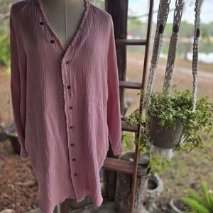 Igenjun Mauve Pink 100% Cotton Gauze Button Front Tunic Size Medium